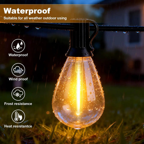 50Ft Outdoor String Lights With Remote Control, Waterproof LED Patio Lights With 19 Plus 1 S11 Bulbs, lit bulb in rain
