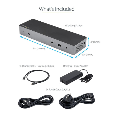 Thunderbolt 3 Laptop Docking Station With Usb-C Host Support For Dual 4K 60Hz HDMI And Displayport Screens 96W Power Delivery 5 USB Ports 10Gbps Sick Performance, included accessories.