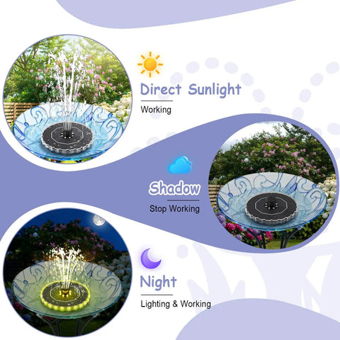 Colorful Ring Lights Solar Fountain 3.5W Water Pump with 2000mAh Battery auto night lights functionality for bird bath pond pool