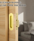 Sliding Pocket Door Handles Set 4.72 Inch Recessed Flush Finger Pulls In 304 Stainless Steel with gold finish on wooden door