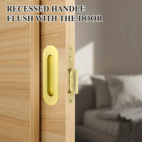 Sliding Pocket Door Handles Set 4.72 Inch Recessed Flush Finger Pulls In 304 Stainless Steel with gold finish on wooden door
