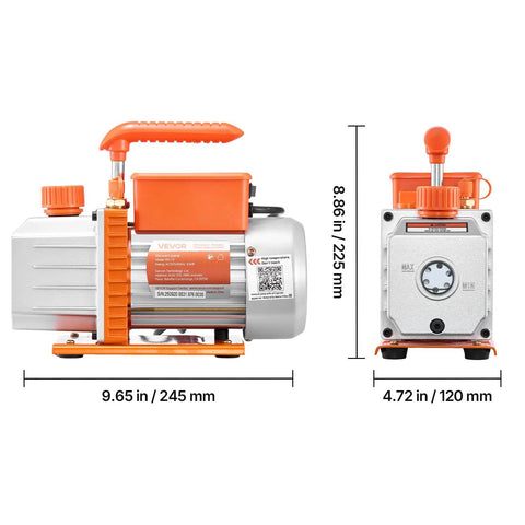 AC Vacuum Pump With Gauge Set 4.5 CFM One Third HP Single Stage Rotary Vane HVAC Kit And Manifold Gauge For R134a R22 R410a R1234YF R32 With Carry Bag For Auto Air Conditioning DIY Friendly side view, 245 mm