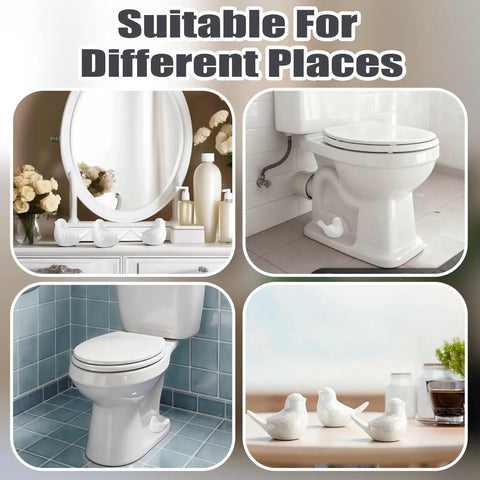 Four Pack White Ceramic Bird Toilet Bolt Caps Super Chic Animal Flange Covers shown in different bathroom settings.