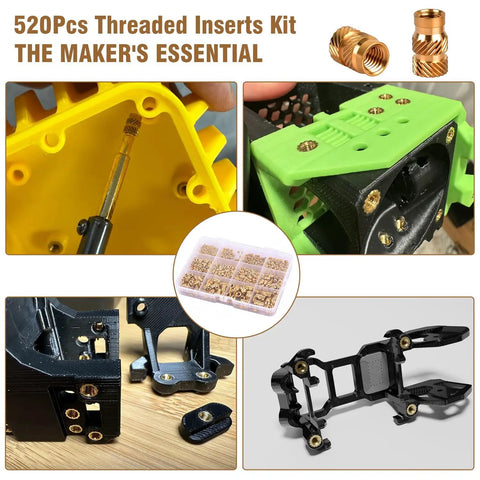 Heavy-Duty 520Pcs Heat-Set Threaded Inserts Kit for 3D Printing M2 M3 M4 M5 used in various 3D printed parts with brass threads