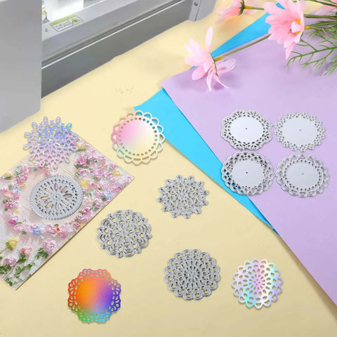 8 Pattern Round Lace Border Die Set for card making and paper crafting with dope floral motifs in silver finish, shown on pastel paper.