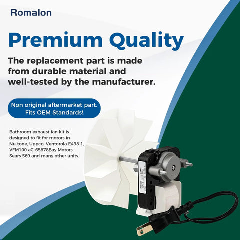 Universal SM550 Bathroom Exhaust Fan Motor Replacement Kit with fan blade and power cord, displayed against a product information background.