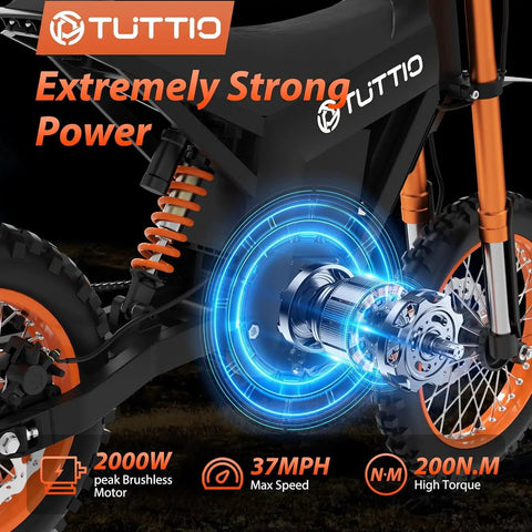 Robust Electric Dirt Bike Duo For Teens And Adults With Full Suspension Powerful Motors; 2000W motor and suspension detail.