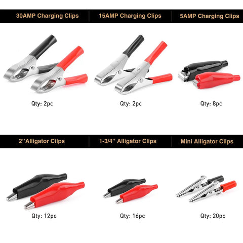 Heavy Duty 60 Piece Metal Alligator Clip Set With Badass Grip For Wiring Soldering Gluing And Quick Electrical Fixes Around The Shop Or Garage Rig When You Just Gotta Get It Done Fast assorted alligator clips in various sizes and amperage ratings.