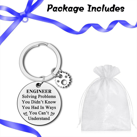 Silver Engineering Keychain Gift For Students And Pros Ready To Gift In A Sleek Pouch with engraved text and gear charm.