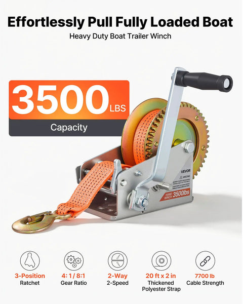 Beefy 3500 Lb Hand Boat Winch With 20 Ft Orange Strap, Two Way Ratchet, 2 Speed Switchable, Portable Manual Rope Crank, Anti Slip Handle For Boat Trailer And ATV Towing mounted with orange strap