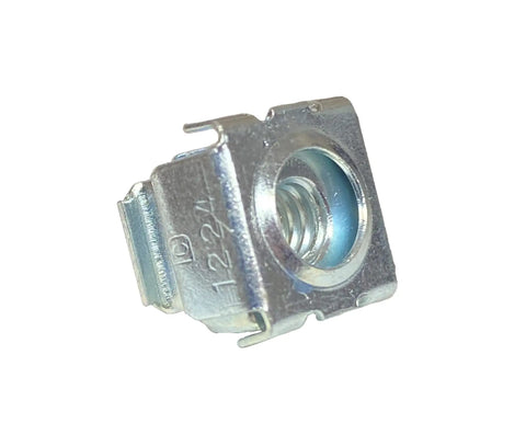 Close-up of Top Shelf 12-24 Zinc Cage Nuts 100 Count Snap In Square Hole Rack Hardware for server cabinet mounting.