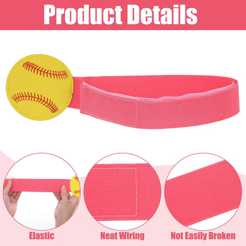 Softball Pitching Training Aid For Clean Mechanics And Realistic Throws, showing pink elastic band with yellow softball detail