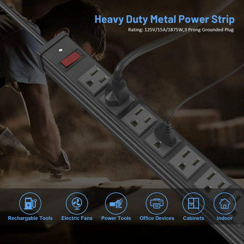 Massive 24 Outlet Metal Power Strip With 10-Foot Heavy Duty Cord Mountable For Warehouse Garage Workshop ETL Listed Black 15 Amp 1875 Watt Built For Pro Shops And Hard Working Environments powering tools.