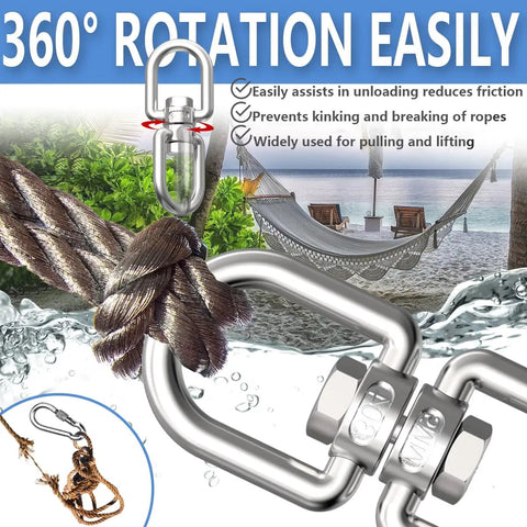 Real Deal 304 Stainless Steel Double Eye Swivel Hooks, smooth rotating design for tree swings and backyard rigging.