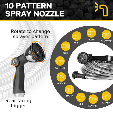 10 pattern spray nozzle on Built To Last Tough As Nails Stainless Steel Garden Hose 100 Feet With Sprayer And Nozzle Flexible Lightweight