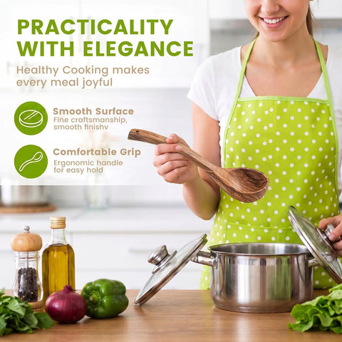 Premium Italian Olive Wood Ladle Kitchen Spoon That Totally Slaps With 12 Inch Long Handle And Deep Bowl Head For Cooking Soup, in use stirring a pot.