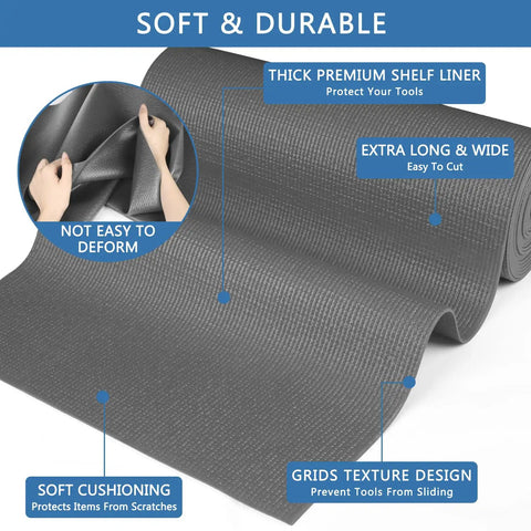 GottaHave TopShelf HeavyDuty Foam Toolbox Drawer Liner NonSlip Tool Organizer Pad Sound DamPenning Workshop Mat ShockAbsorbing Shelf Paper Gray 12 Feet showing soft durable cushion detail.
