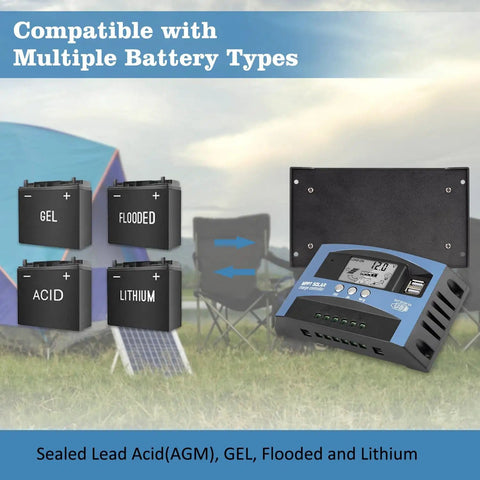 30A MPPT Solar Charge Controller For 12V And 24V Systems With LCD Display Auto Battery Charger Dual USB Ports Timer On Off Plug And Play On The Go Power Manager For Efficient Charging next to compatible battery types.