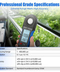 Bluetooth Light Meter With App For Indoor Plants Photography And Aquarium Lighting AIOMEST Digital Lumen Tester 0.1 To 400000 Lux FC Range 270 Degree Rotating Sensor Real Time Monitoring And Data Logging in hand over lettuce