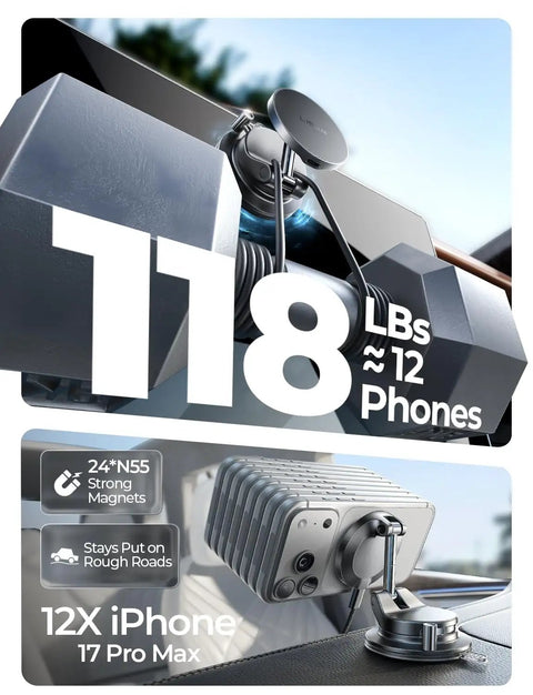 MagSafe Car Mount Charger with 15W wireless magnetic holder lifting weights, compatible with iPhone 12-17 Pro Max, strong grip.