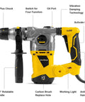 SDS Plus Rotary Hammer Drill 1500W Workhorse With 6 Joules Impact, Heavy Duty Demolition Tool, 4 Function Vibration Control, front view
