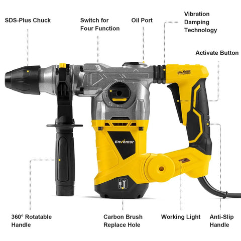 SDS Plus Rotary Hammer Drill 1500W Workhorse With 6 Joules Impact, Heavy Duty Demolition Tool, 4 Function Vibration Control, front view