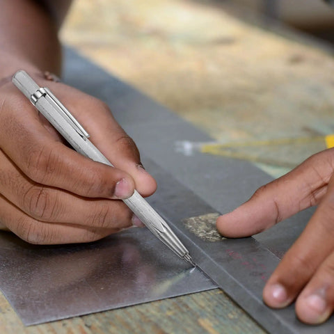Solid Heavy Duty Tungsten Carbide Scriber With Retractable Clip Etching Pen Marks Glass Metal Ceramic Marble Works Like A Champ Giving Bangin Lines Daily Premium Grip Knurled Handle For Ultimate Control in use on metal.