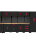 Game Changing Garage Cabinet Organization 17 Piece Workshop Storage Setup Corner Unit with red handles and pegboard.