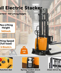 KAIXUN Semi Electric Pallet Stacker 2200Lbs Capacity 118Inch Lift Height showing heavy-duty steel frame and ergonomic manual steering.
