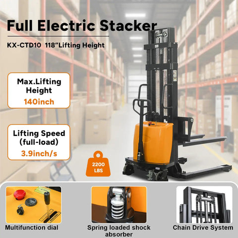 KAIXUN Semi Electric Pallet Stacker 2200Lbs Capacity 118Inch Lift Height showing heavy-duty steel frame and ergonomic manual steering.