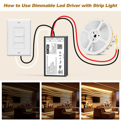 24V Dimmable LED Driver 60W Triac ELV MLV Transformer connected to LED strips and wall dimmer switch for smooth lighting control.
