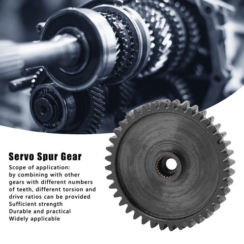 Close-up of 5 Piece Steel Servo Spur Gear Set With 24 Tooth Internal Spline, 0.8 Modulus Gears for precision drive systems.