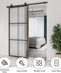 Installed 36 Inch By 84 Inch Glass Sliding Barn Door With Black Aluminum Frame And Clear Tempered Glass, 3 Panel Modern French Style