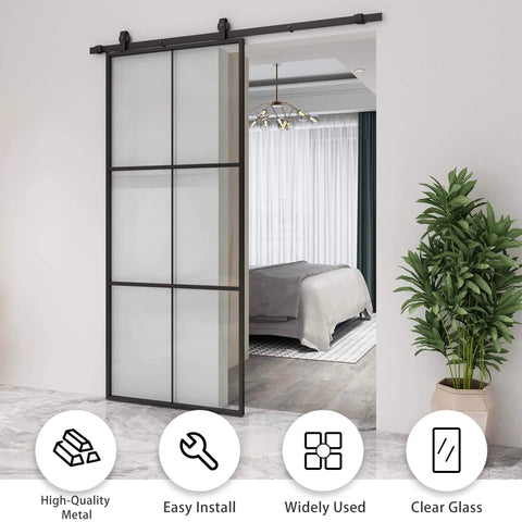 Installed 36 Inch By 84 Inch Glass Sliding Barn Door With Black Aluminum Frame And Clear Tempered Glass, 3 Panel Modern French Style