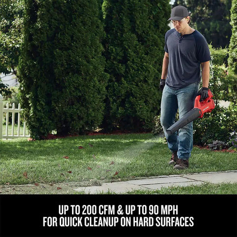 Man using 20V Max Cordless Leaf Blower With Battery And Charger, Lightweight Electric Yard Tool Delivers Up To 90 MPH And 200 CFM, Built In Nozzle Scraper For Stubborn Debris On Hard Surfaces, Red in garden
