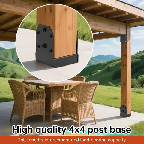 Heavy Duty 4X4 Post Base Anchor For Concrete With Reinforced Bottom Bracket showing black steel base with wood post support.