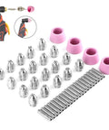Heavy Duty 44 Piece Welding Torch Nozzle And Collet Guard Cap Replacement Kit With Premium Ceramic Steel Construction For Plasma Cutter AG60 SG55 Upgrades, featuring silver nozzles and pink caps.