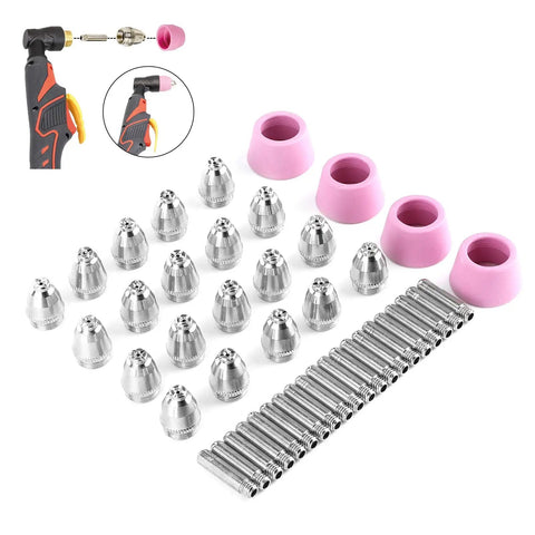Heavy Duty 44 Piece Welding Torch Nozzle And Collet Guard Cap Replacement Kit With Premium Ceramic Steel Construction For Plasma Cutter AG60 SG55 Upgrades, featuring silver nozzles and pink caps.