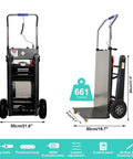 Camini Electric Stair Climbing Hand Truck Dolly Cart With 661 Lbs Capacity And 600 W Motor side view showing dimensions and features.