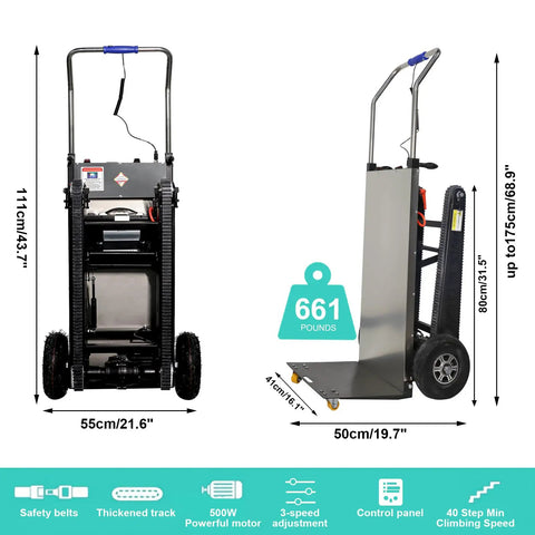 Camini Electric Stair Climbing Hand Truck Dolly Cart With 661 Lbs Capacity And 600 W Motor side view showing dimensions and features.