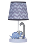 Kids Dino Night Light Lamp With Shade For Nursery Or Kid Room, gray mommy and blue baby dino, white wavy chevron shade, 11 inch tall