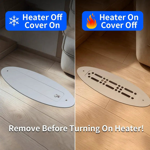 2x10 Inch Aluminum RV Floor Vent Cover With Magnet Assisted Removable Lid, shown in closed and open positions