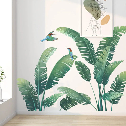 Lush Tropical Wall Stickers Set With Monstera Leaf And Palm Leaves Banana Leaf And Bird Mural For Bedroom Or Living Room Totally Easy Peel And Stick Decor To Create A Nordic Green Jungle Vibe In Your Space