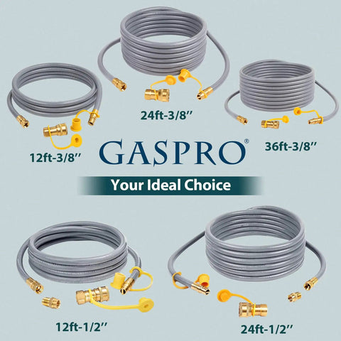 Various lengths of natural gas hoses with quick connect, including 12ft 3/8 ID ideal for Weber Spirit Grills and pizza ovens.