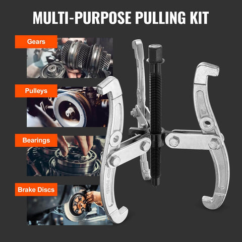 4 Piece Gear Puller Kit With 3 4 6 8 Inch Spreads, 2 Or 3 Reversible Jaws shown with gears, pulleys, bearings, and brake discs
