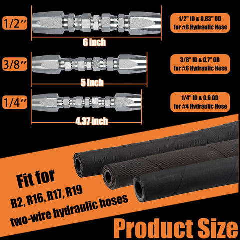 Three-pack reusable hydraulic hose repair kit with metal 1/4, 3/8, 1/2 in fittings; 4000 psi rating; compatible with R2/R16/R17/R19 hoses.