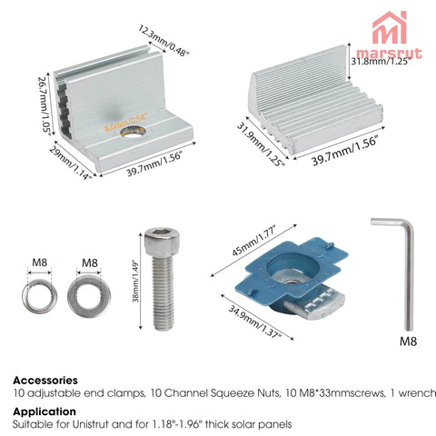 10 Pack Heavy Duty Solar Panel End Clamp Brackets with adjustable aluminum end clamp for solar panel mounting hardware.