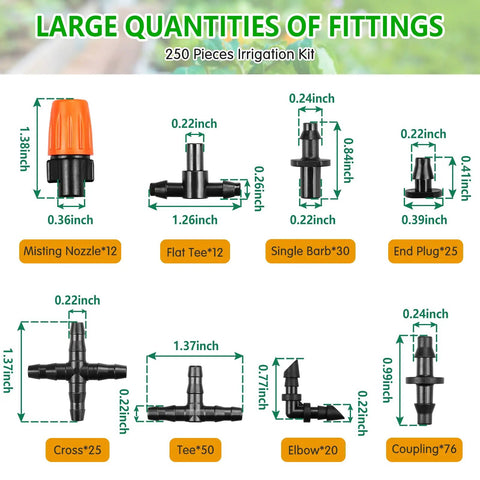 250 Piece Quarter Inch Drip Irrigation Fittings Kit With Barbed Connectors Nozzles Tees Elbows Crosses And Plugs layout diagram