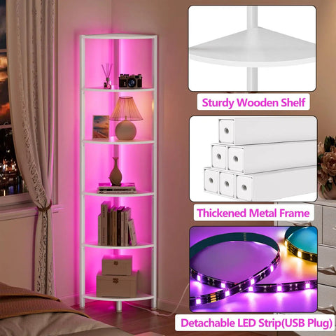 Six Tier Corner Shelf With LED Light, 67.5 Inch Tall White Narrow Bookshelf in corner, illuminated with pink LED, thick metal frame