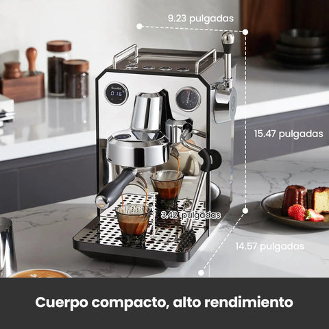 Kickstart Your Day With This Solid Gear Semi Automatic Espresso Maker; compact design, two espresso shots brewing.